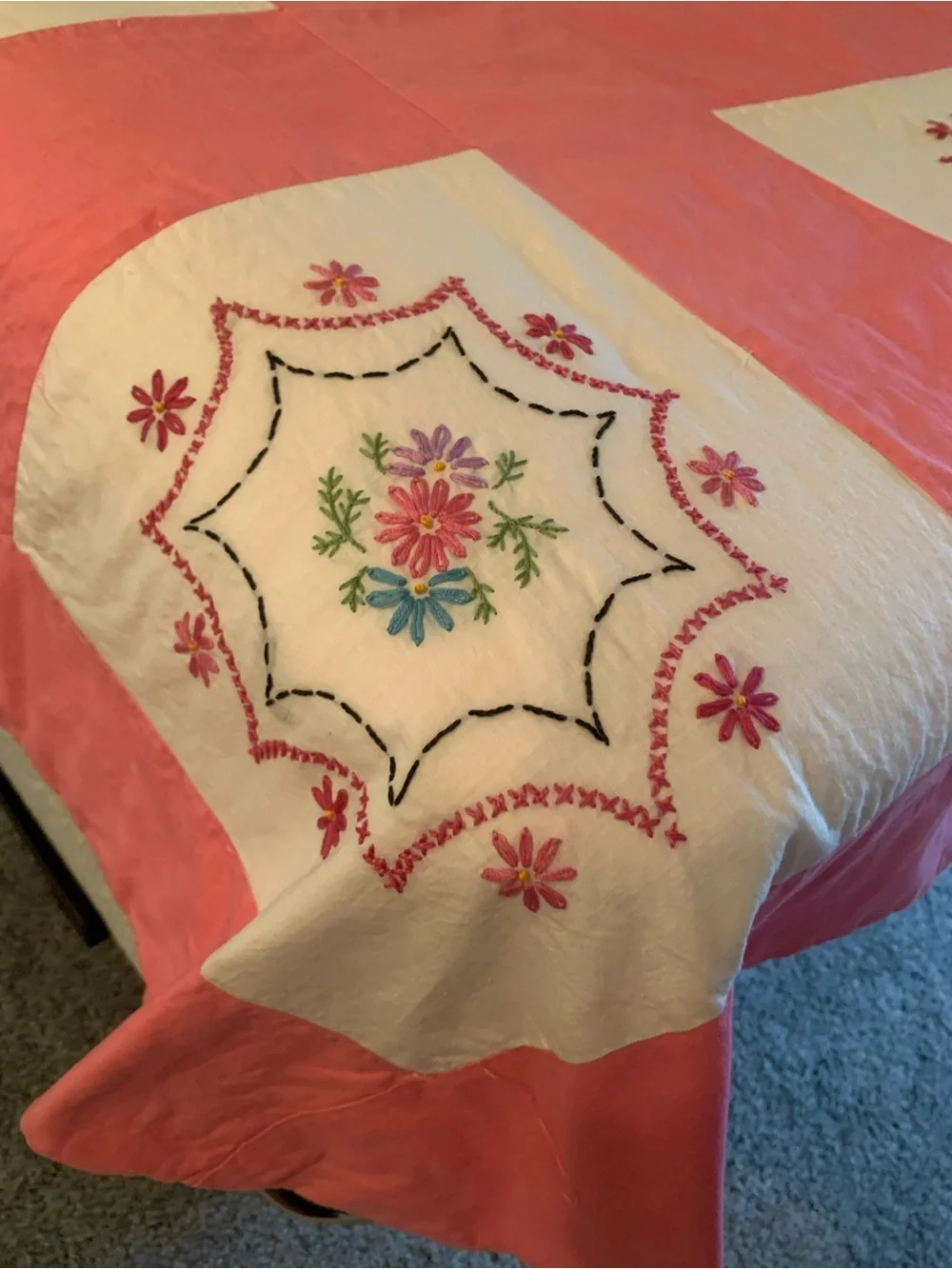 Vintage Hand Embroidered Floral Quilt Pink White 86 X 70 Cottagecore Farmhouse